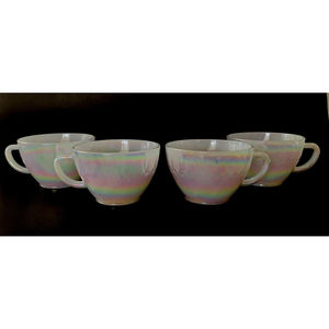 Set of 4 Federal Glass Moonglow Diamond Point White Iridescent Coffee Tea Cups